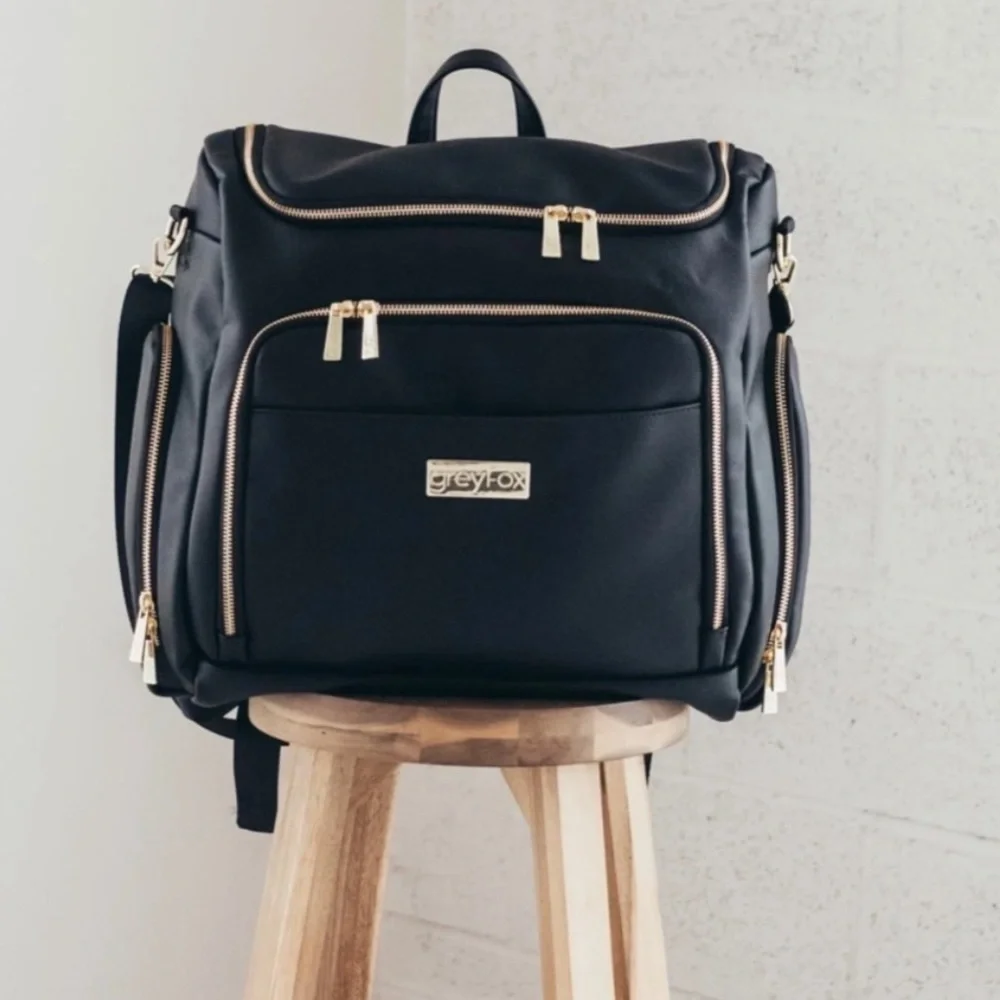 Greyfox Diaper Bag Vegan Leather Black Backpack with shoulder Strap Large